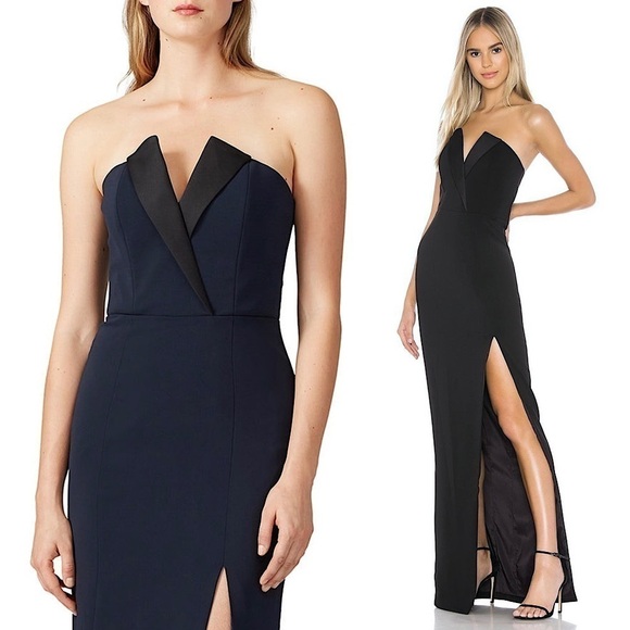 JAY GODFREY Navy Blue Strapless Tuxedo Sleeveless Column Side Slit Maxi Gown 10 - Picture 1 of 7